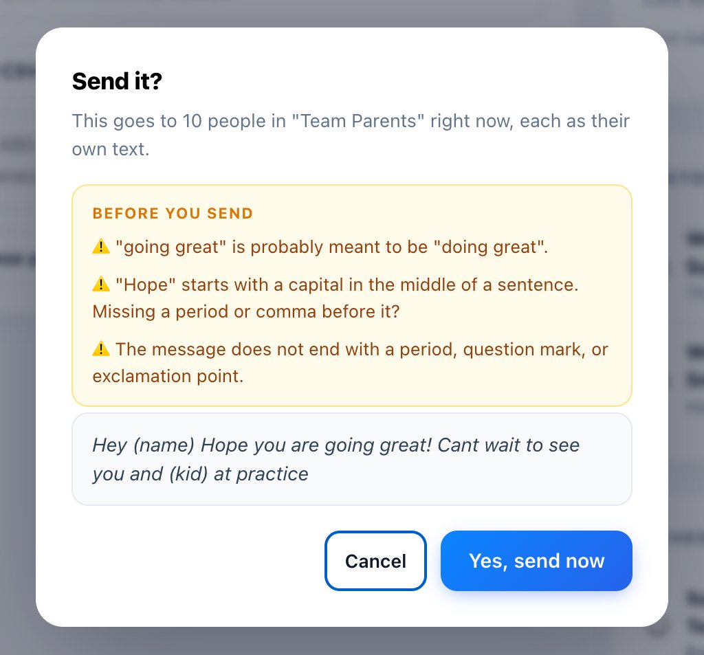 The send confirmation with three writing warnings