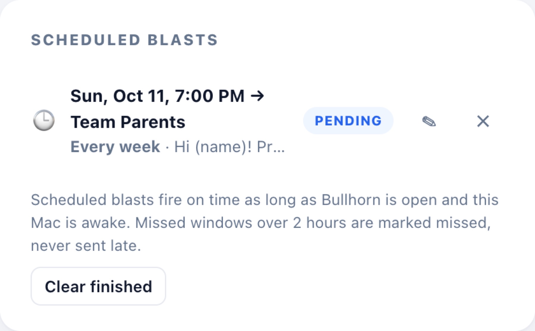 A weekly repeating text scheduled for Sunday at 7 PM